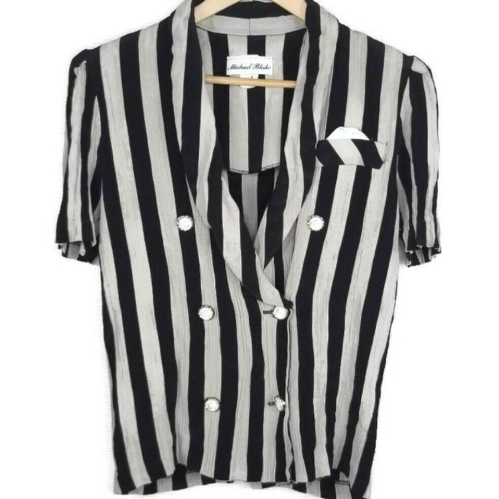 Michael Blake Double Breasted Vintage Striped Black Beige Blouse Women's Size 10